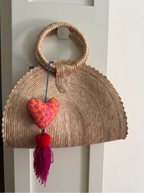 Natural Straw Half-Moon Handbag with Pink Heart Tassel